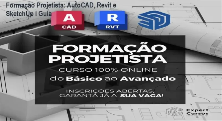 Imagem promocional da Formação Projetista com destaque para AutoCAD, Revit e SketchUp e cupom de desconto