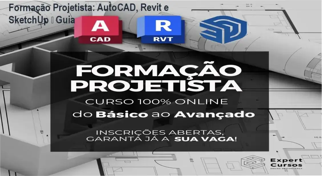 Imagem promocional da Formação Projetista com destaque para AutoCAD, Revit e SketchUp e cupom de desconto