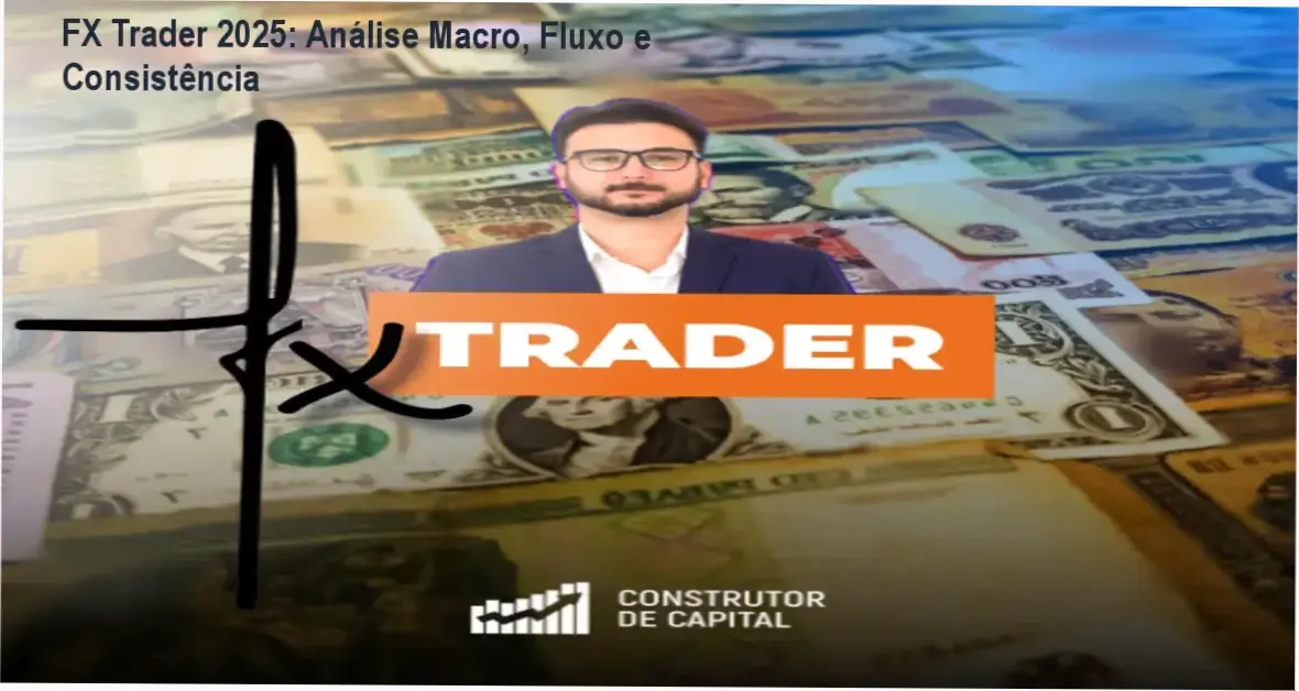 Tela do curso FX Trader 2025 mostrando módulos de macroeconomia, fluxo de ordens e estratégias de trading