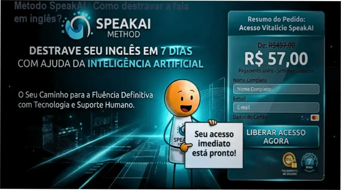 Tela do curso Método SpeakAI mostrando frases práticas e interface de aprendizado com IA