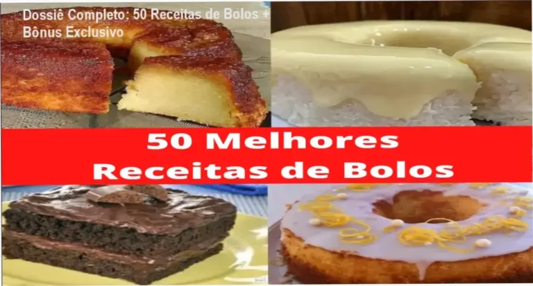 Dossiê Completo: 50 Receitas de Bolos + Bônus Exclusivo 7 Capa do ebook Melhores Receitas de Bolos mostrando variedade de bolos e sobremesas
