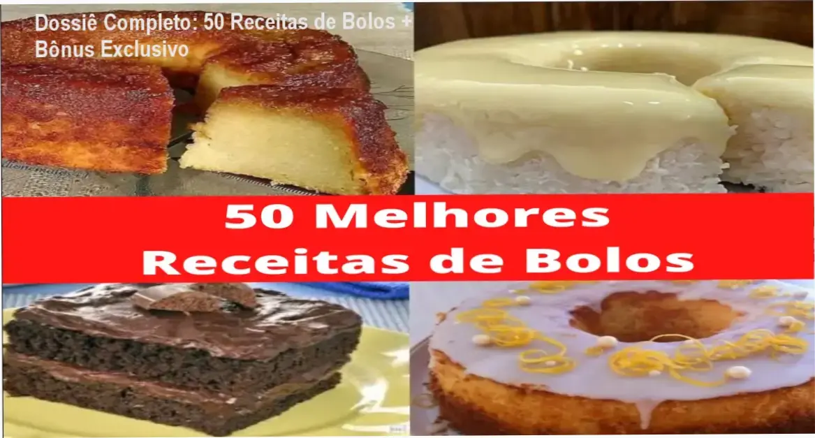 Dossiê Completo: 50 Receitas de Bolos + Bônus Exclusivo 1 Capa do ebook Melhores Receitas de Bolos mostrando variedade de bolos e sobremesas