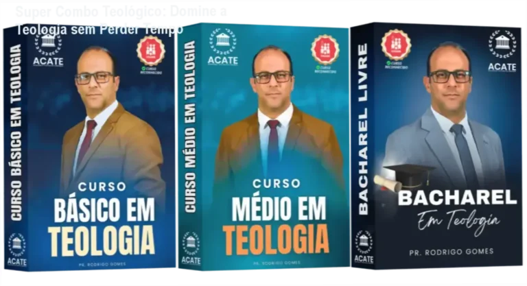 Super Combo Teológico: Domine a Teologia sem Perder Tempo 20 Imagem do Super Combo Teológico do Pastor Rodrigo Gomes mostrando os três níveis de cursos