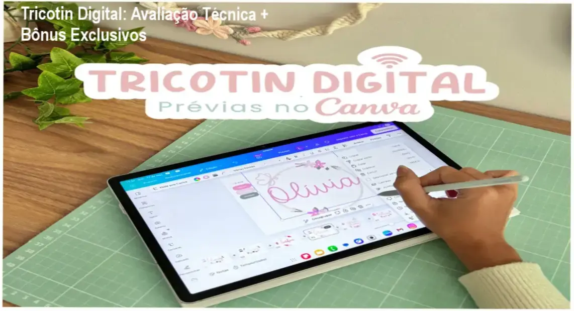 Tela do curso Tricotin Digital mostrando prévias digitais no Canva com destaque para bônus