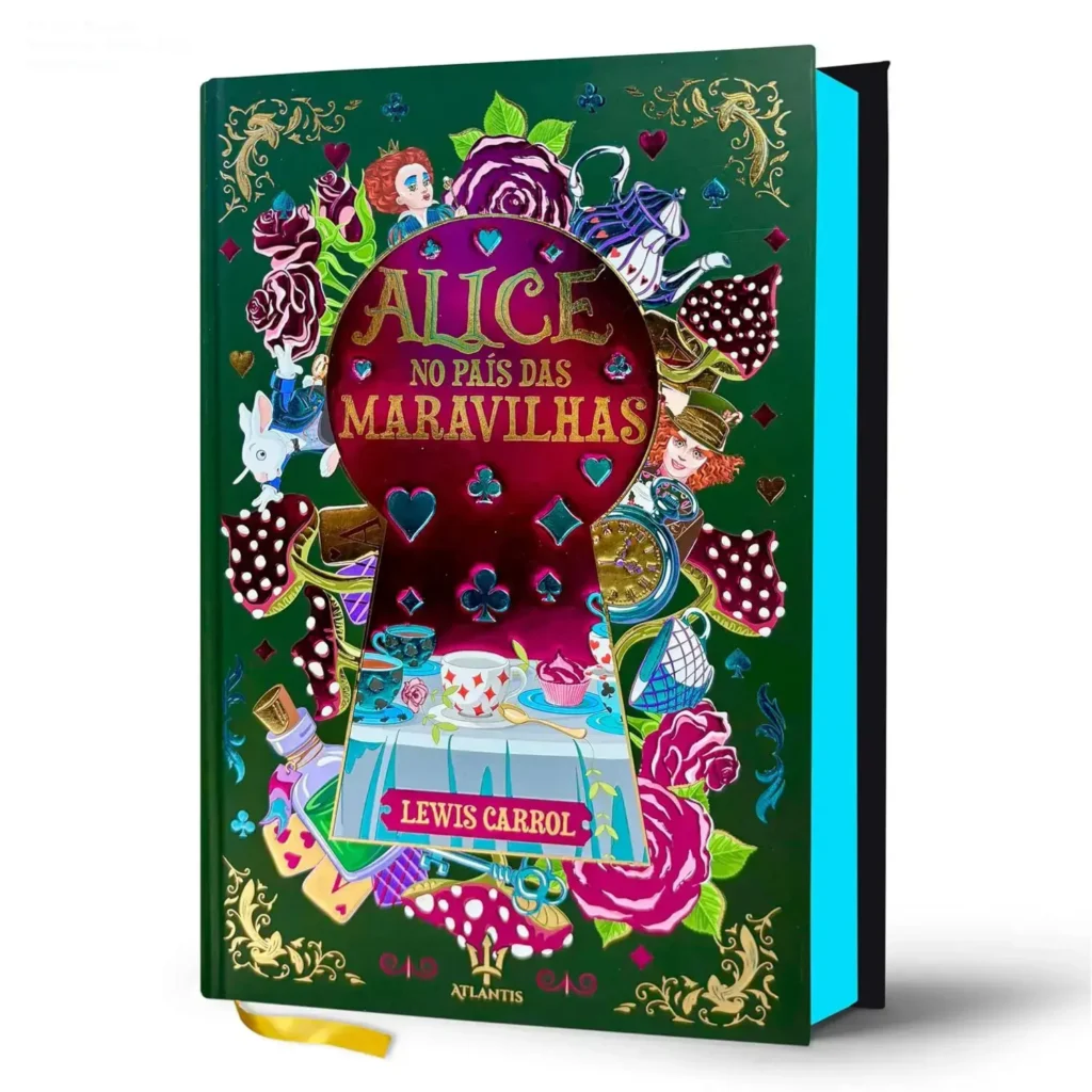 Capa dura elegante de Alice no País das Maravilhas com acabamento em hot stamping e marcador de página em fitilho de seda