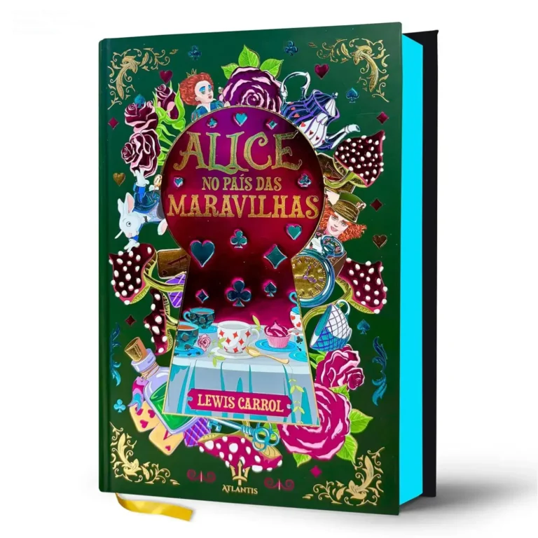 Capa dura elegante de Alice no País das Maravilhas com acabamento em hot stamping e marcador de página em fitilho de seda
