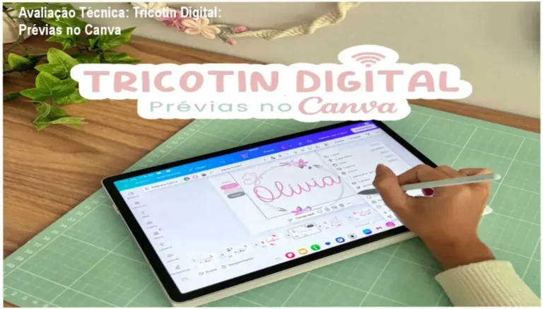 Guia explicativo sobre o produto digital Tricotin Digital: Prévias no Canva