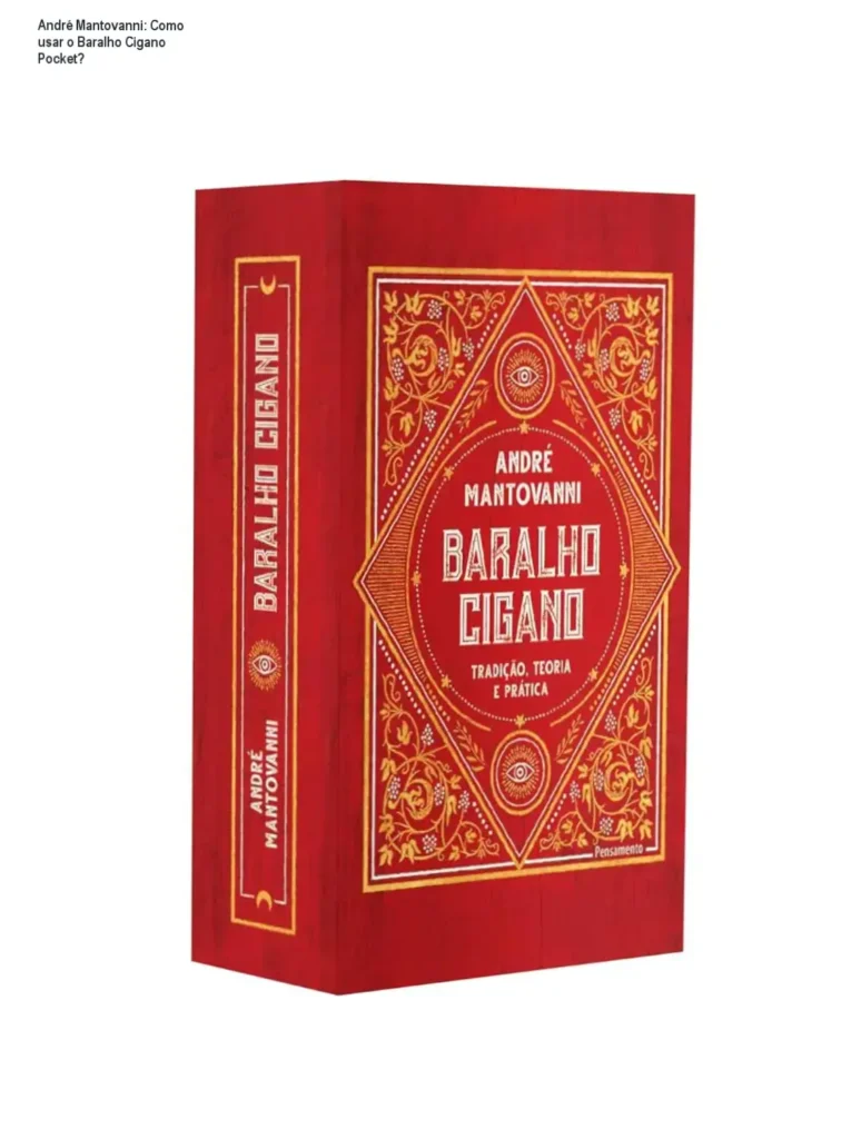 Capa dura do livro Baralho Cigano Pocket de André Mantovanni ao lado do deck de 36 cartas coloridas