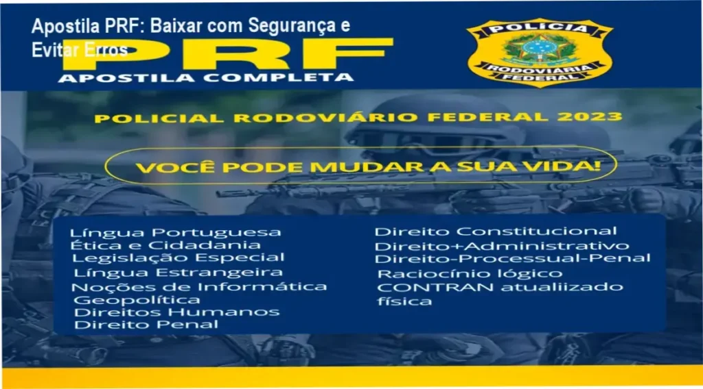 Apostila PRF: Baixar com Segurança e Evitar Erros 1 Apostila PRF com capa digital e ícone de download seguro em destaque