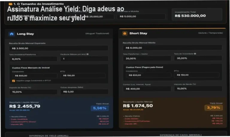 Captura de tela do portal Assinatura Análise Yield mostrando indicadores de rendimento imobiliário