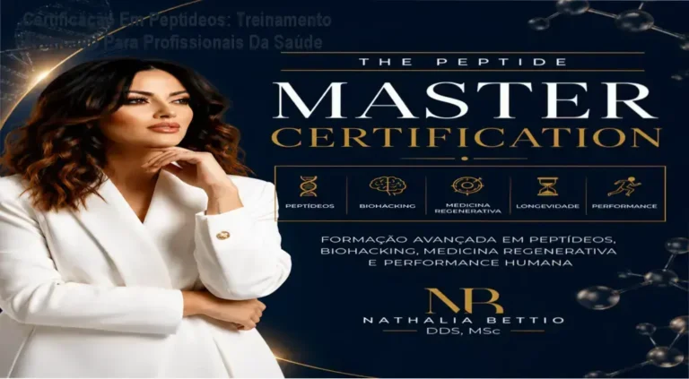 Apresentação do curso THE PEPTIDE MASTER CERTIFICATION com emblem certificado e destaques do planeta latino e internacional.