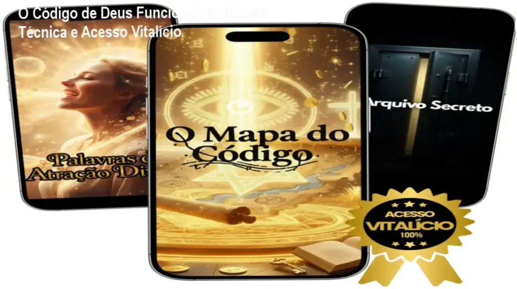 O Código de Deus Funciona? Avaliação Técnica e Acesso Vitalício 1 Mapa de reprogramação mental do Código de Deus com símbolos de prosperidade e espiritualidade