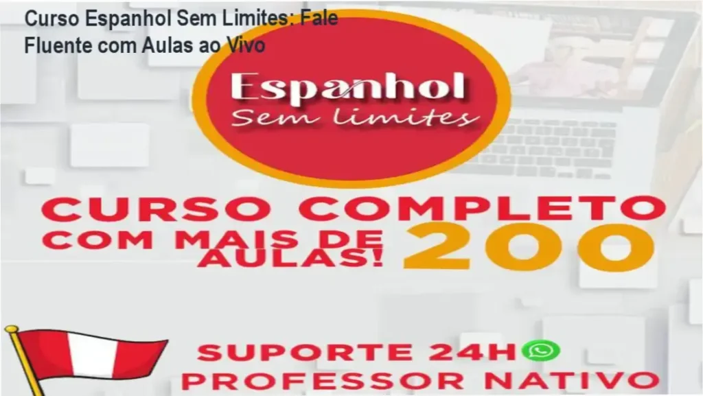 Imagem promocional do Curso Espanhol Sem Limites highlighting live lessons and WhatsApp support