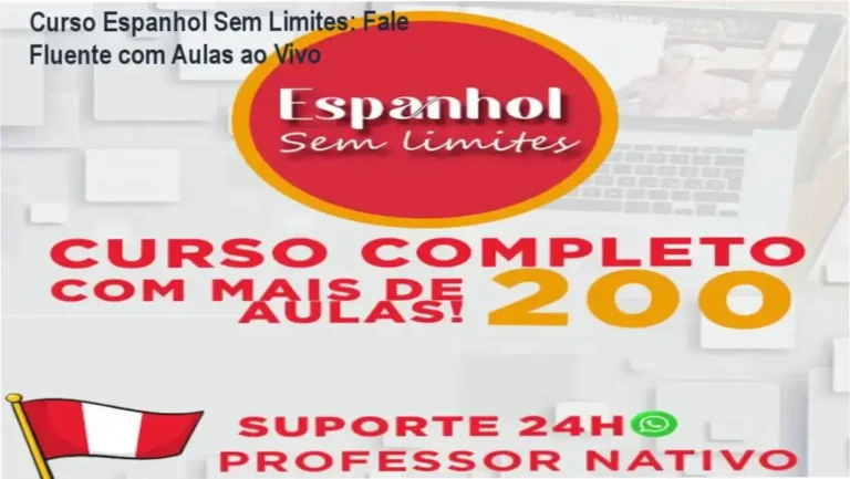 Imagem promocional do Curso Espanhol Sem Limites highlighting live lessons and WhatsApp support