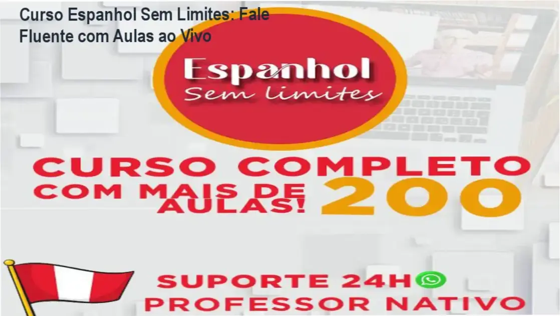 Imagem promocional do Curso Espanhol Sem Limites highlighting live lessons and WhatsApp support
