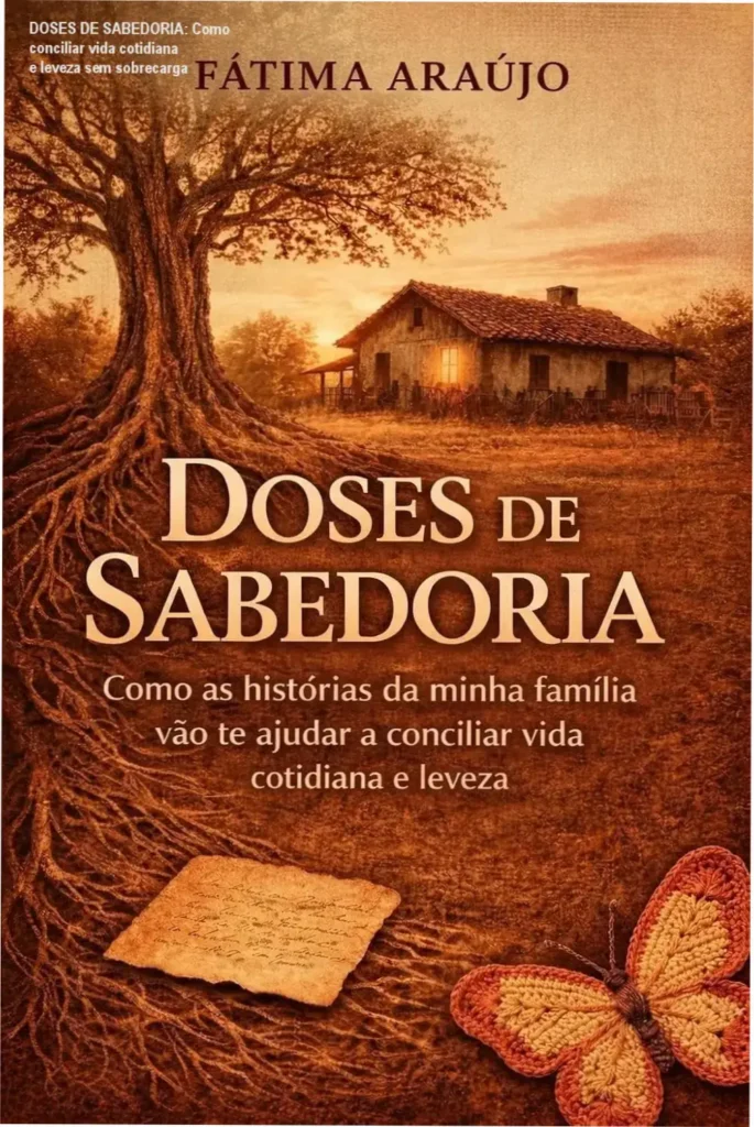 DOSES DE SABEDORIA: Como conciliar vida cotidiana e leveza sem sobrecarga 1 Livro DOSES DE SABEDORIA com capa azul e branca, destacando histórias familiares para equilíbrio emocional e cotidiano