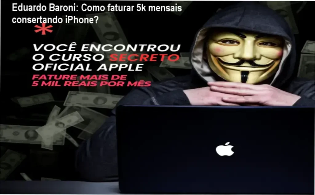 Eduardo Baroni apresentando o Curso Oficial Apple para iPhone, mostrando manuais técnicos e ferramentas de reparo.