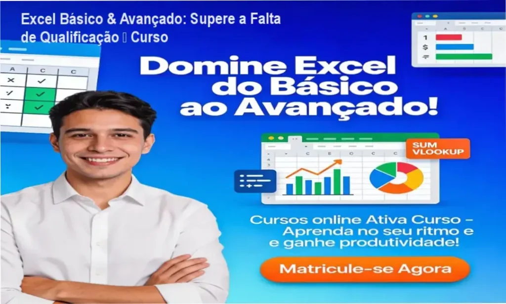 Excel Básico & Avançado: Supere a Falta de Qualificação – Curso 1 Tela do curso Excel Básico & Avançado com PowerBI, mostrando certificado e carteirinha de estudante