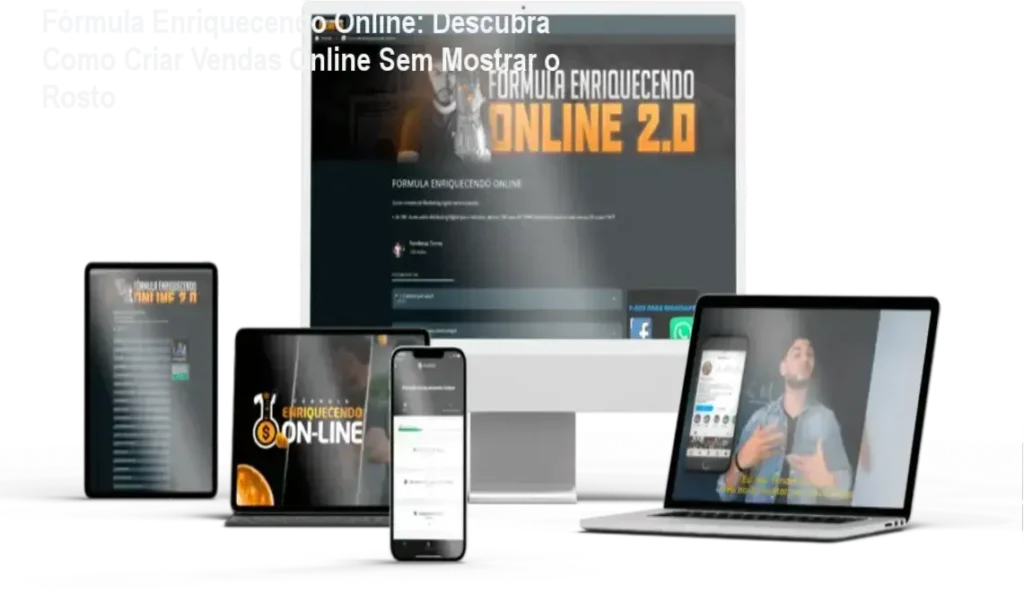 Fórmula Enriquecendo Online: Descubra Como Criar Vendas Online Sem Mostrar o Rosto 1 Página de vendas do curso Fórmula Enriquecendo Online com destaque para o Método T.O.M e bônus de mentorias semanais