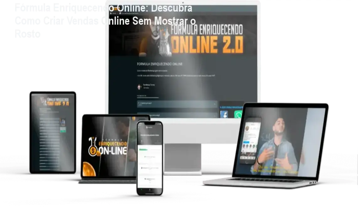 Fórmula Enriquecendo Online: Descubra Como Criar Vendas Online Sem Mostrar o Rosto 1 Página de vendas do curso Fórmula Enriquecendo Online com destaque para o Método T.O.M e bônus de mentorias semanais