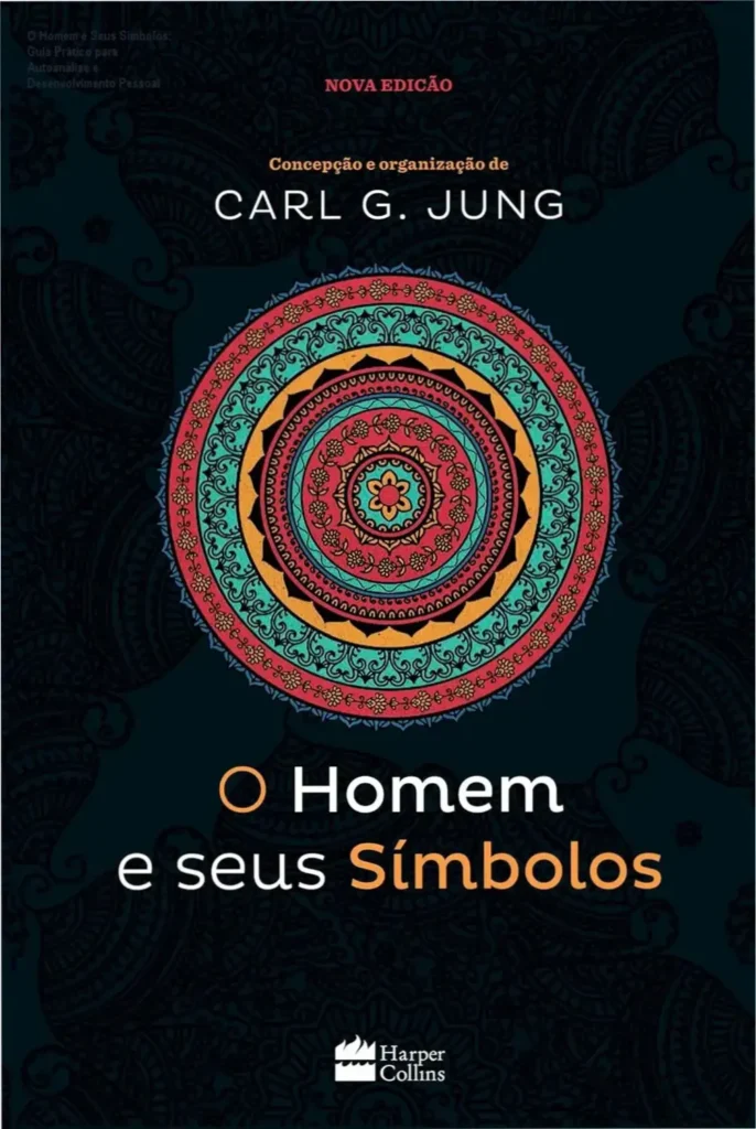 Portada do livro 'O Homem e Seus Símbolos' com símbolos místicos iluminados em fundo noturno