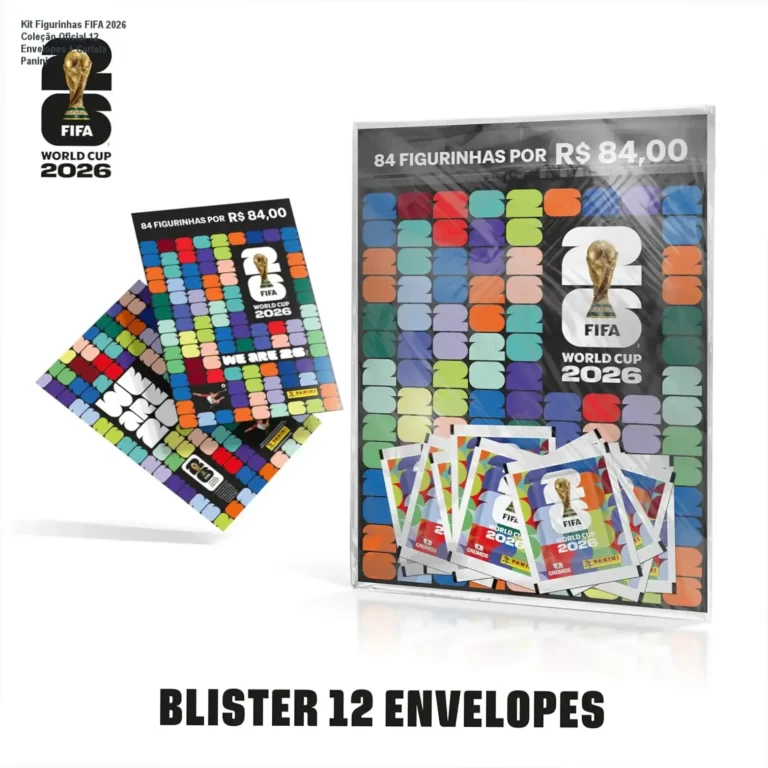 Kit Figurinhas FIFA 2026 Coleção Oficial 12 Envelopes + Cartela Panini 8 Ilustração com envelopes FIFA 2026 e cartela Panini mostrando texturas de papel sentimentais e ícones esportivos em detalhes superiores
