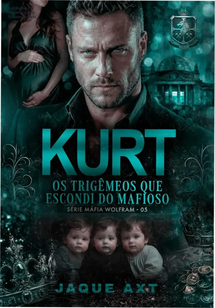 Kurt Wolfram: Os Trigêmeos que Ele Escondeu do Máfia 1 Capa visual do ebook Máfia Wolfram com destaque para os personagens principais e elementos de suspense