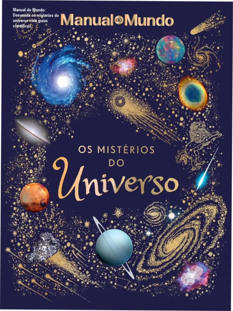Manual do Mundo: Desvenda os mistérios do universo com guias científicos 1 Capa do livro Os Mistérios do Universo com ilustrações celestiais e título destacado