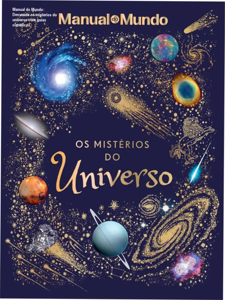 Manual do Mundo: Desvenda os mistérios do universo com guias científicos 13 Capa do livro Os Mistérios do Universo com ilustrações celestiais e título destacado
