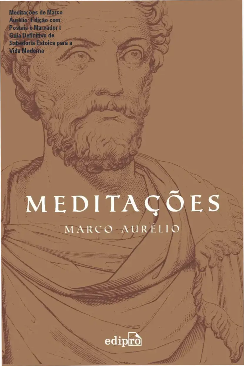 Capa da edição física de 'Meditações de Marco Aurélio' com selos decorativos e marcador - versão exclusiva da Coleção Grandes Mestres do Estoicismo