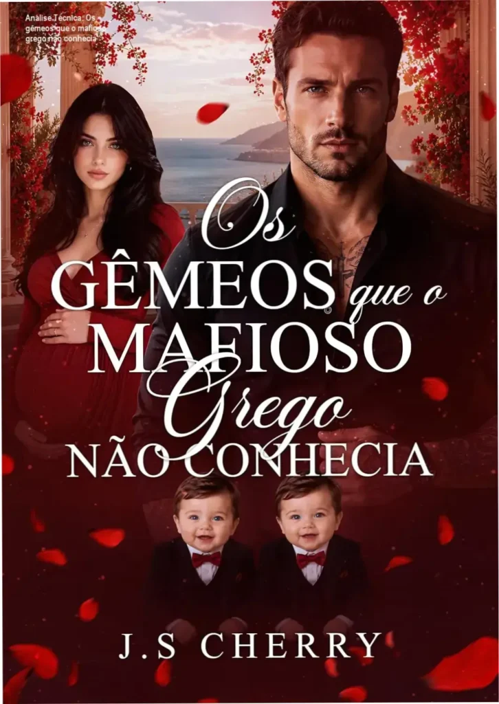 Capa do eBook 'Os gêmeos que o mafioso grego não conhecia' mostrando atmosfera de suspense e romance
