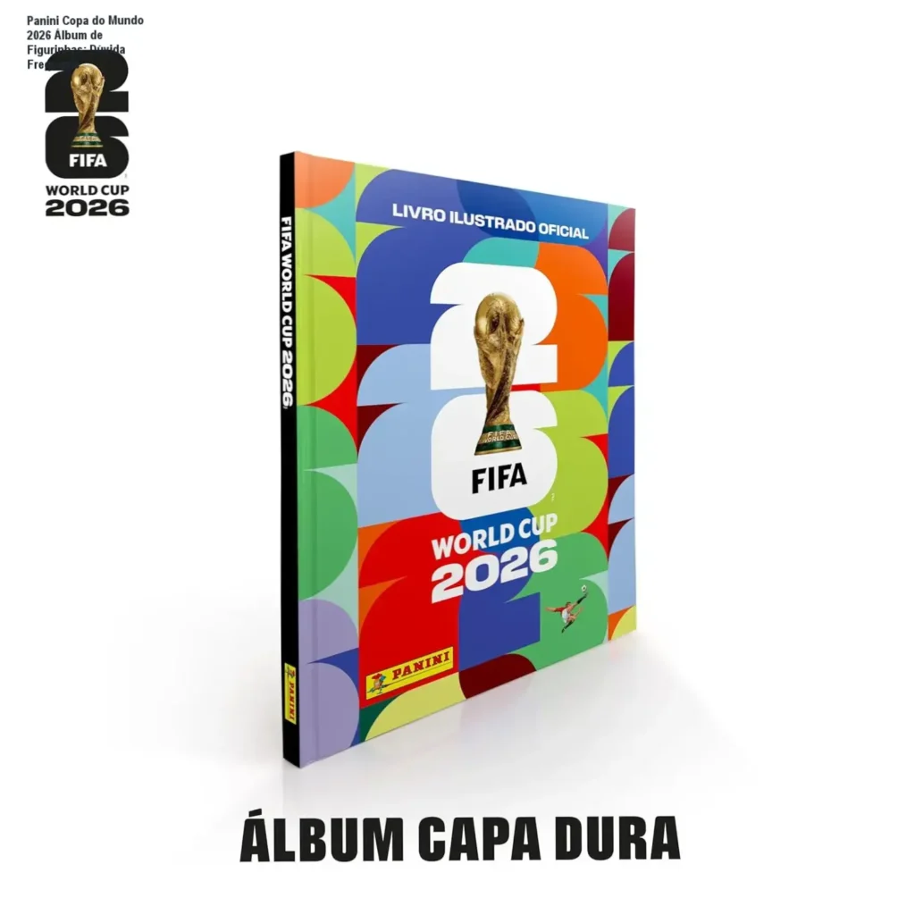 Álbum de Figurinhas Copa do Mundo 2026 capa dura da Panini em exibição
