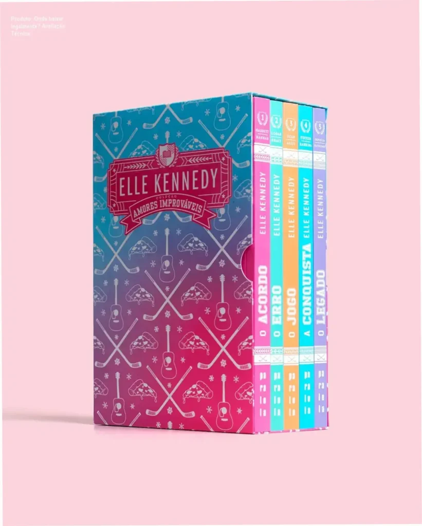 Produto: Onde baixar legalmente? Avaliação Técnica 1 Capa do box Amores Improváveis de Elle Kennedy, edição especial com dupla lombada