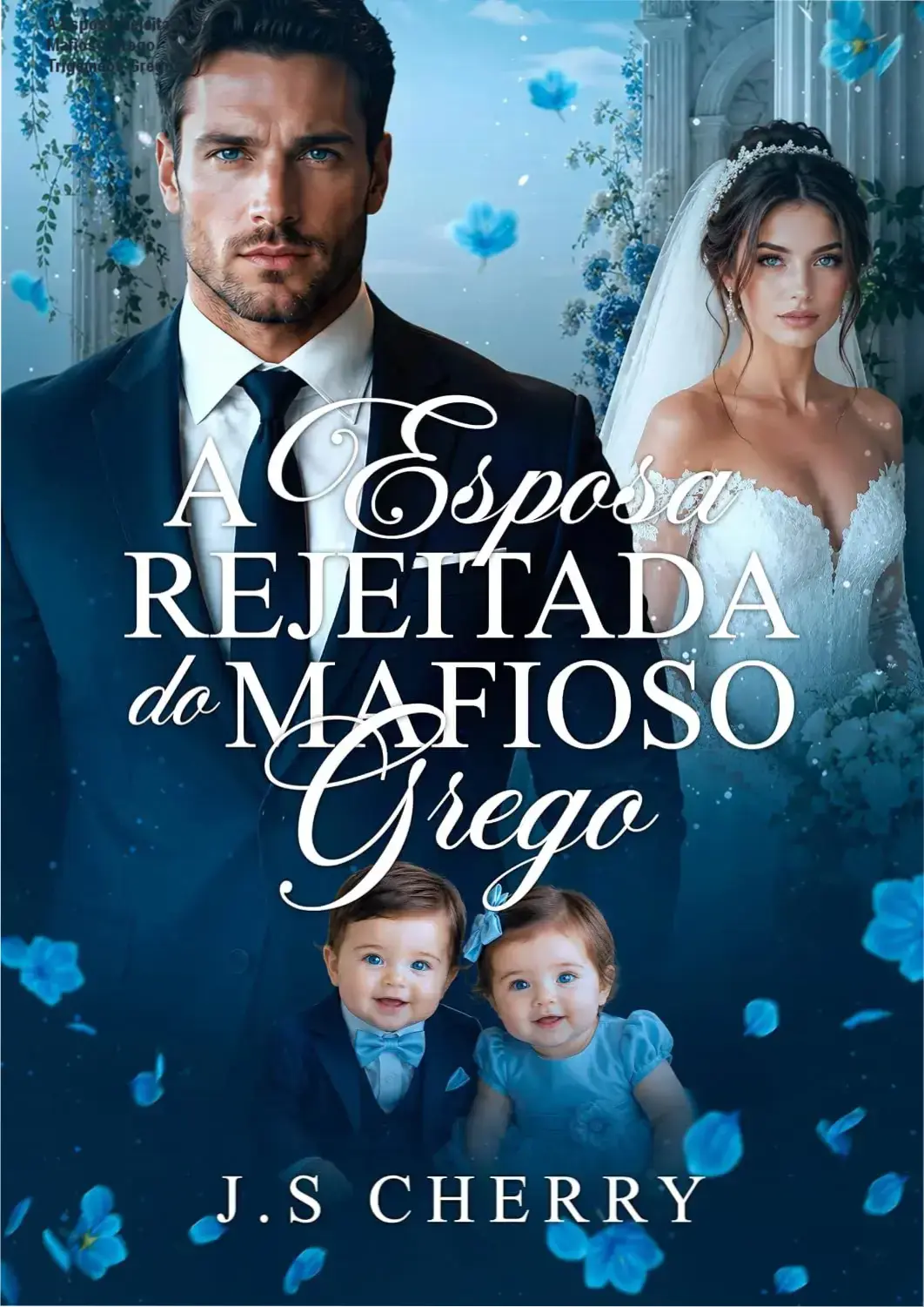 Capa do livro 'A Esposa Rejeitada do Mafioso Grego - Trigêmeos Gregos' mostrando os três irmãos Katsaros e Elena Vardalos em cena dramática