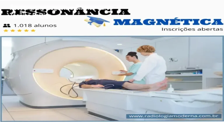 Ressonância Magnética Online – Curso Técnico Prático 3 Imagem ilustrativa do curso online de Ressonância Magnética mostrando módulos de física e protocolos de posicionamento.