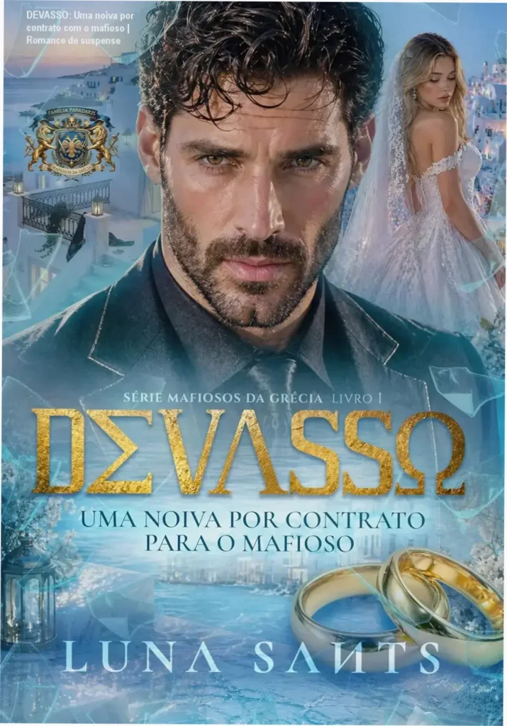 DEVASSO: Uma noiva por contrato com o mafioso | Romance de suspense 1 Capa digital do livro DEVASSO, que retrata um homem poderoso ao lado de uma mulher solene, sob proteção de simbolismo mafioso.