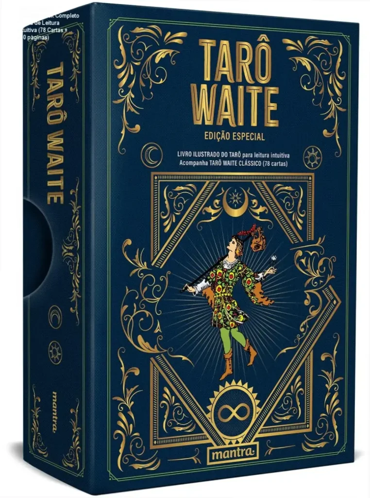 Baralho Tarô Waite Edição Especial com ilustrações vibrantes e livro guia sobre técnicas de leitura intuitiva.