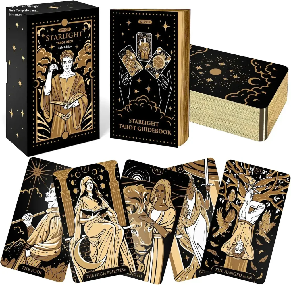Imagem do livro guia do Wyspell Tarô Starlight com texto explicativo sobre os benefícios do baralho