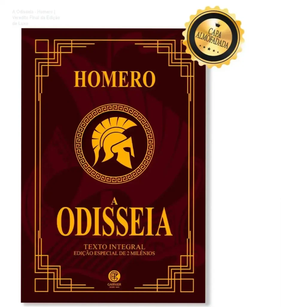 Capa da edição de luxo almofadada do livro A Odisseia de Homero com detalhes em dourado