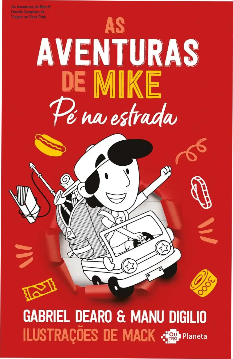 Capa do livro As Aventuras de Mike 5 Pé na estrada com o personagem em uma viagem de trailer