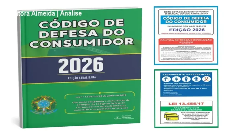 Exemplar físico do Código de Defesa do Consumidor 2026 com placas adesivas de sinalização para estabelecimentos