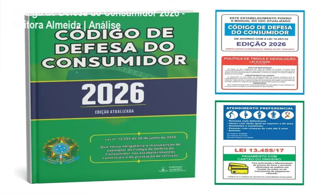 Kit do Código de Defesa do Consumidor 2026 com livro e placas de sinalização obrigatórias