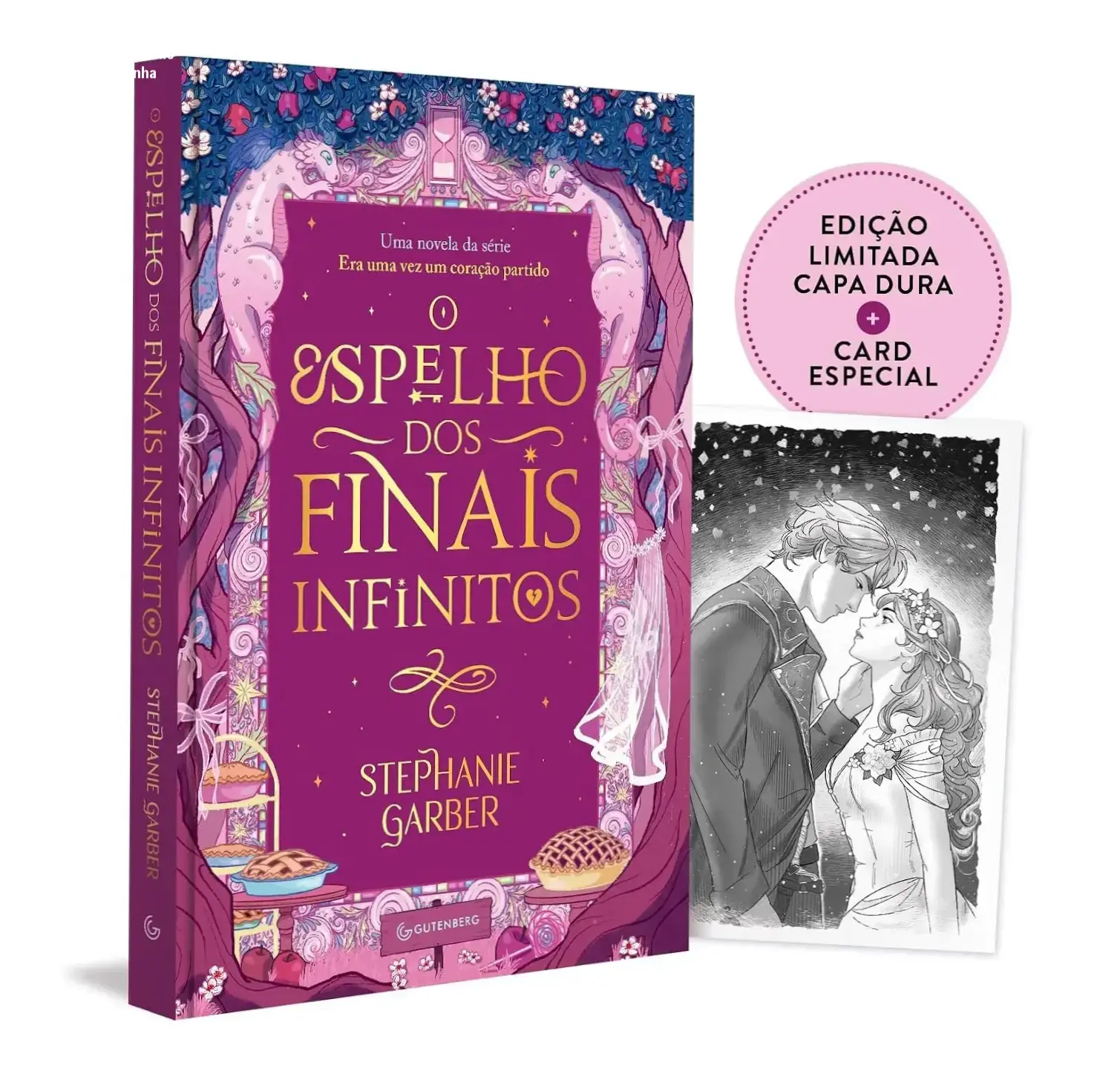 Capa dura de O espelho dos finais infinitos com ilustrações de magia e mistério