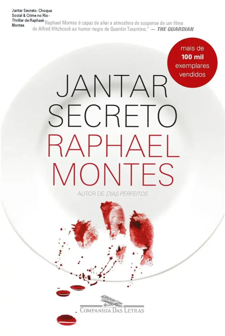 Capa do livro Jantar Secreto mostrando quatro figuras escurecidas em frente a uma mesa com silhuetas de prédios de Copacabana