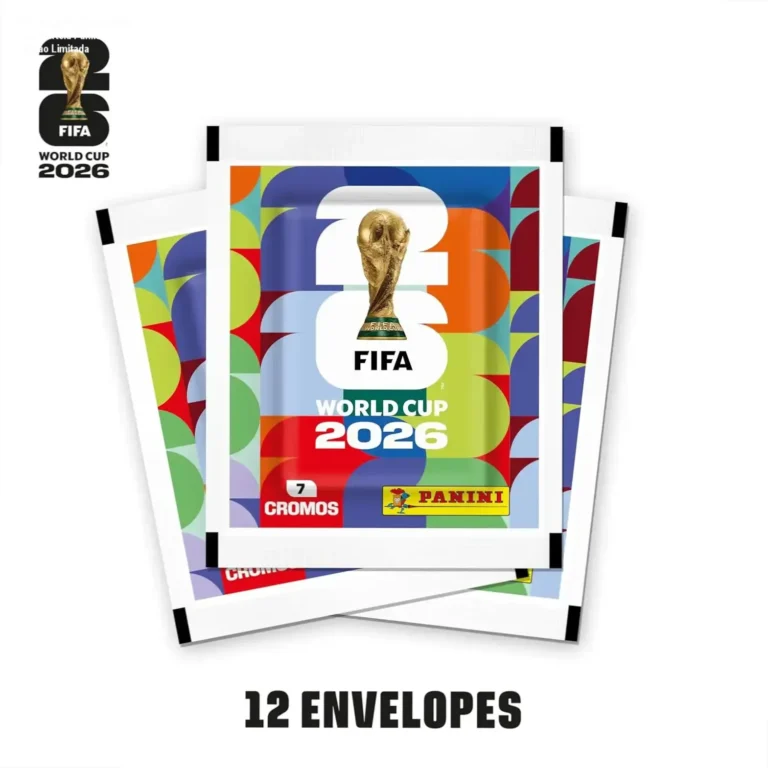 Kit Panini Copa 2026 com 12 envelopes de figurinhas e cartela exclusiva