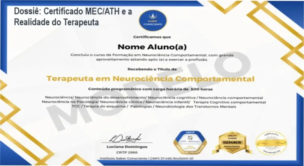 Dossiê: Certificado MEC/ATH e a Realidade do Terapeuta 1 Neurociência Comportamental para Terapeutas Instituto Saber Consciente bastidores grade curricular certificado