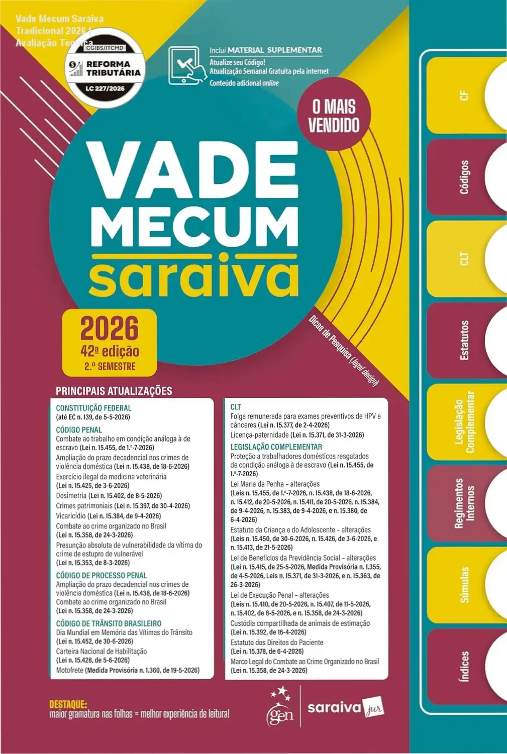 Capa do Vade Mecum Saraiva Tradicional 42ª Edição 2026 para estudantes de Direito