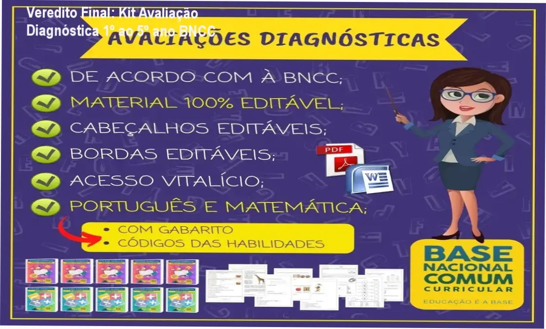 Veredito Final: Kit Avaliação Diagnóstica 1º ao 5º ano BNCC 1 Kit Avaliação Diagnóstica 1º ao 5º ano de J.A Bertotto: visão interna do material editável e gabaritos