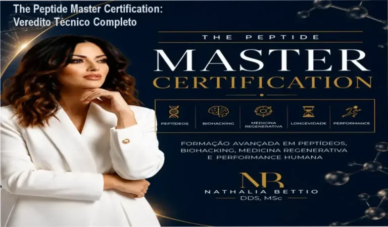 The Peptide Master Certification: Veredito Técnico Completo 2 Dra Nathalia Bettio e a interface da The Peptide Master Certification mostrando a visão interna do curso