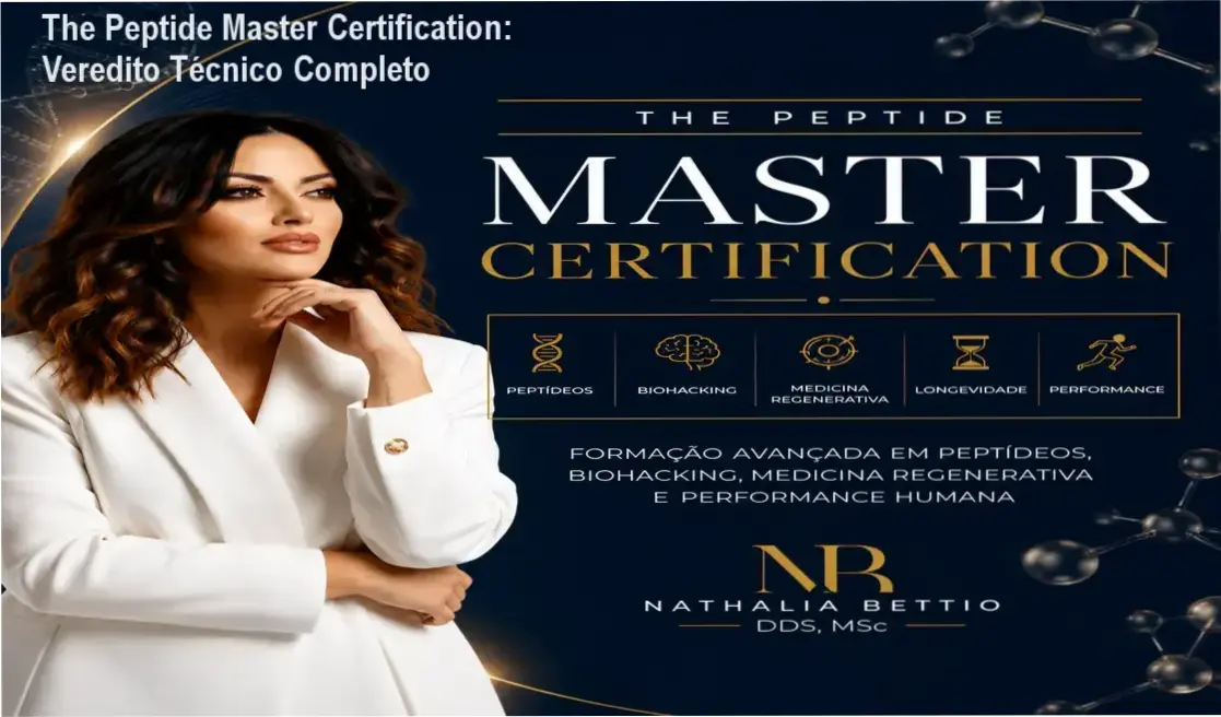 The Peptide Master Certification: Veredito Técnico Completo 1 Dra Nathalia Bettio e a interface da The Peptide Master Certification mostrando a visão interna do curso
